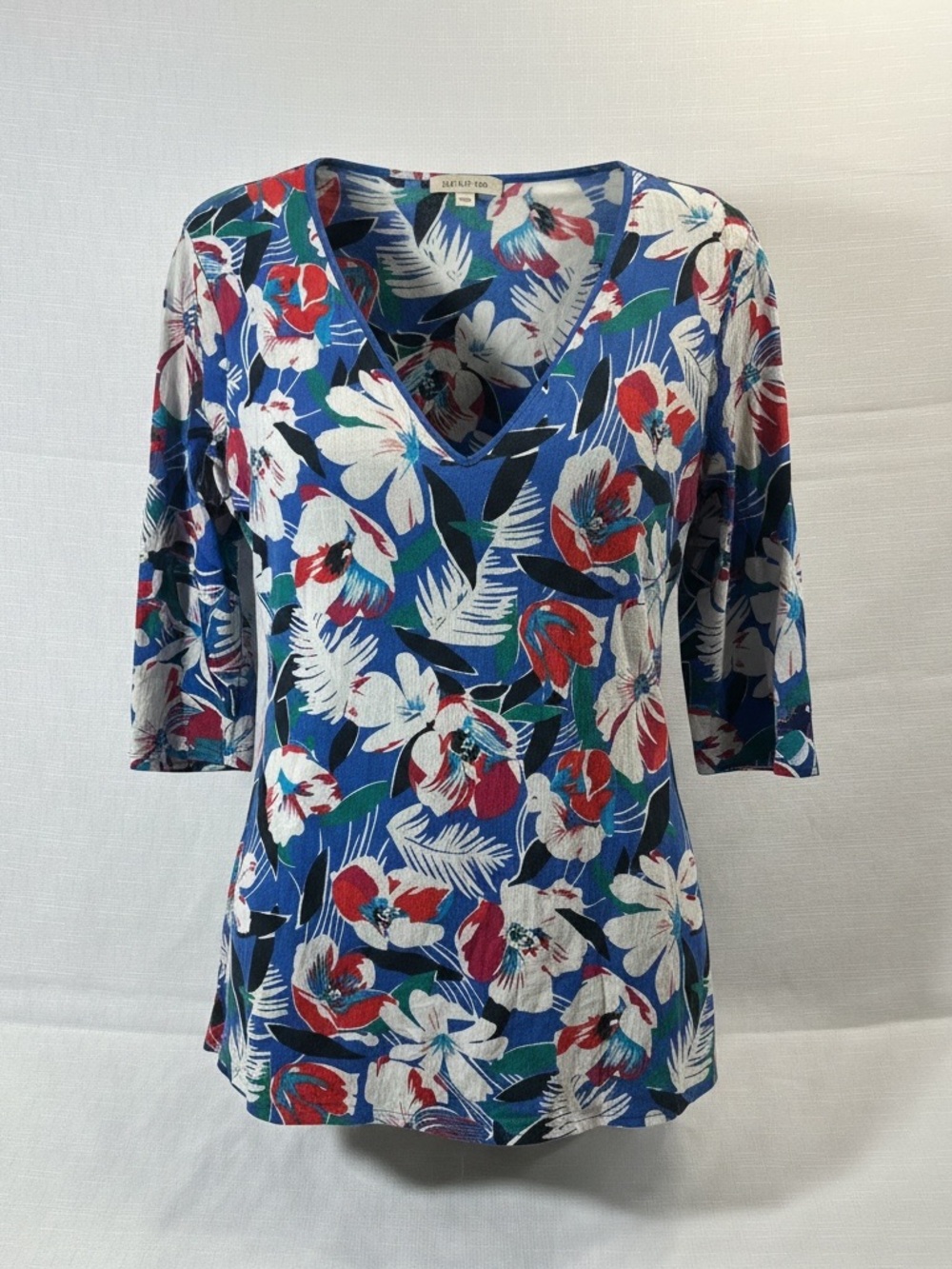 J. Crew Blue Floral V-Neck Short Sleeve Top with Red and White Flowers